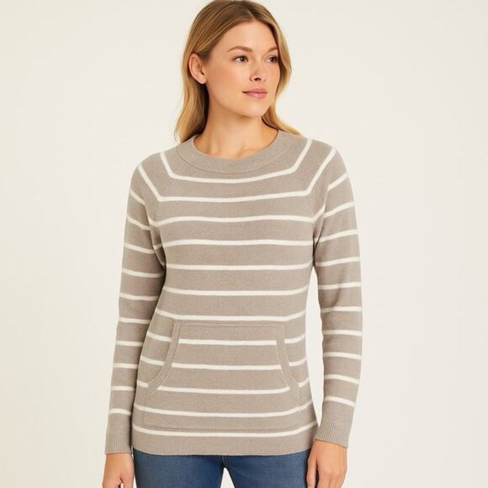 Barefoot Dreams CozyChic Lite Striped Taupe Raglan Pullover Sweater Size XS